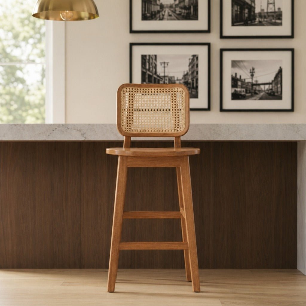 Maury Counter Stool w/ Rattan in Natural room setting - wood counter stool with rattan by NPD - Whats New Furniture Portland OR