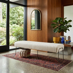 Merritt Velvet Pleated Bench styled in a bright Portland mid-century modern entryway - Whats New Furniture