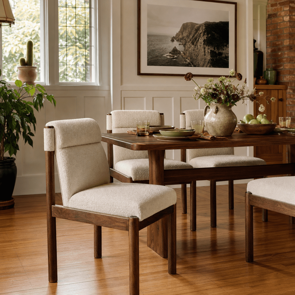 Micah Boucle Dining Side Chair in Palladian Beige styled in a Portland Craftsman dining room with exposed brick and PNW landscape art - What&
