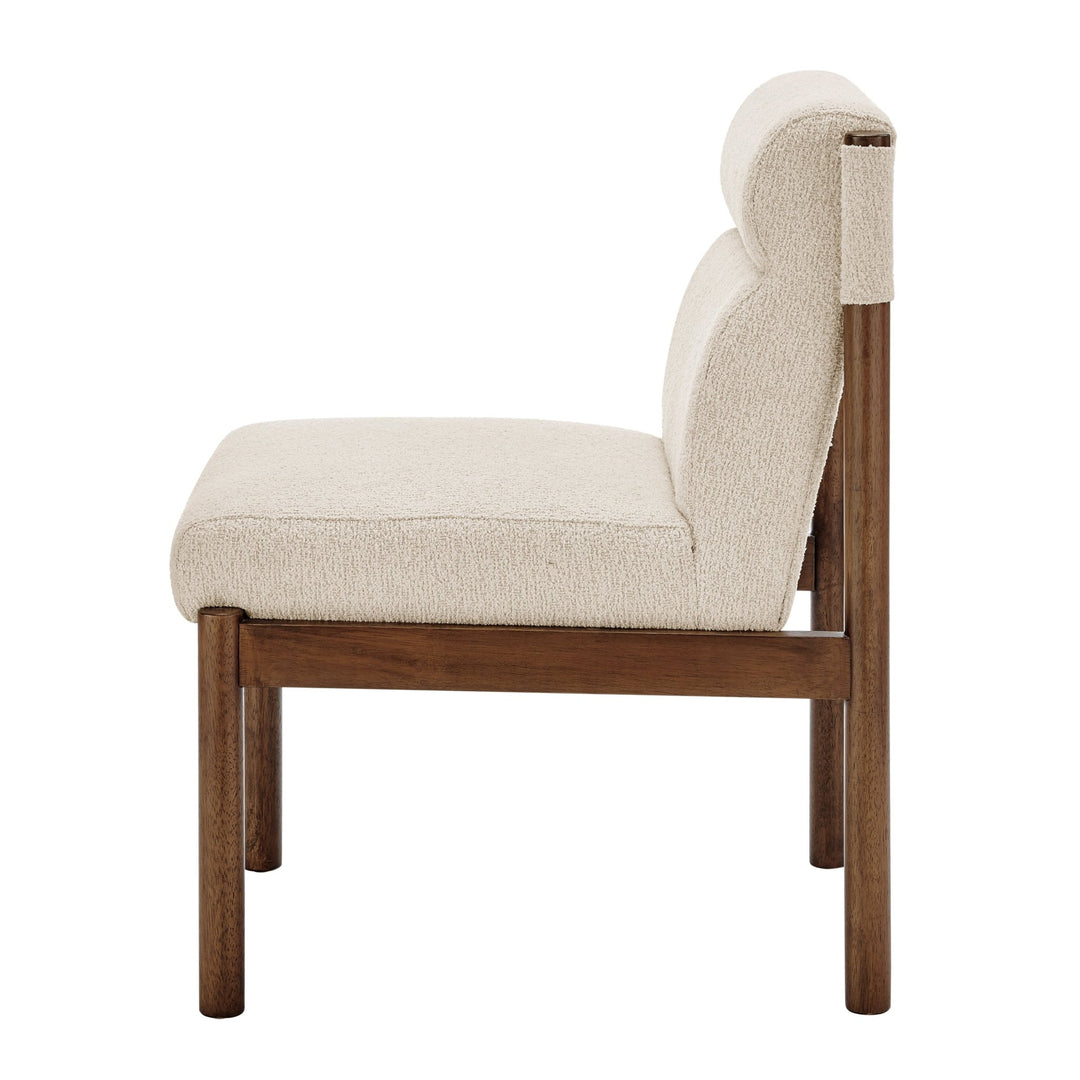 Micah Boucle Dining Side Chair in Palladian Beige side profile showing walnut tubular legs - What&