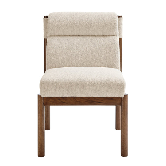 Micah Boucle Dining Side Chair in Palladian Beige front view on warm walnut frame - dining chair by NPD - What&