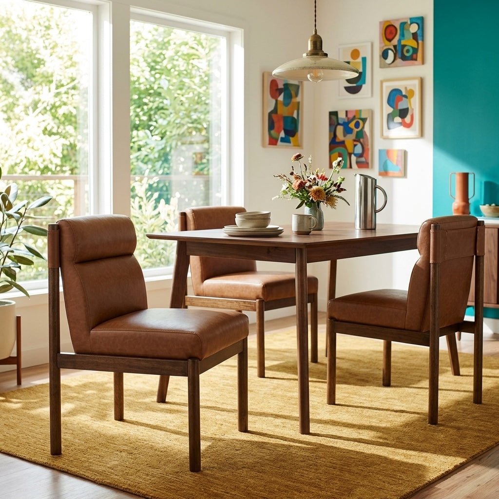 Micah Dining Side Chair in Vintage Cider styled in a bright Portland mid-century dining room with mustard rug and teal accent wall - What&