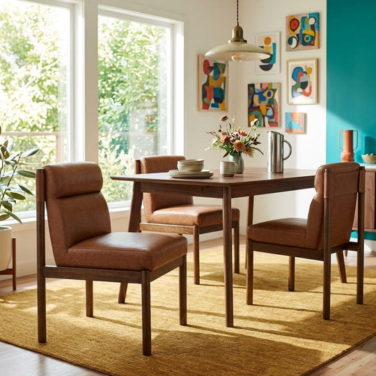 Micah Dining Side Chair in Vintage Cider styled in a bright Portland mid-century dining room with mustard rug and teal accent wall - What&