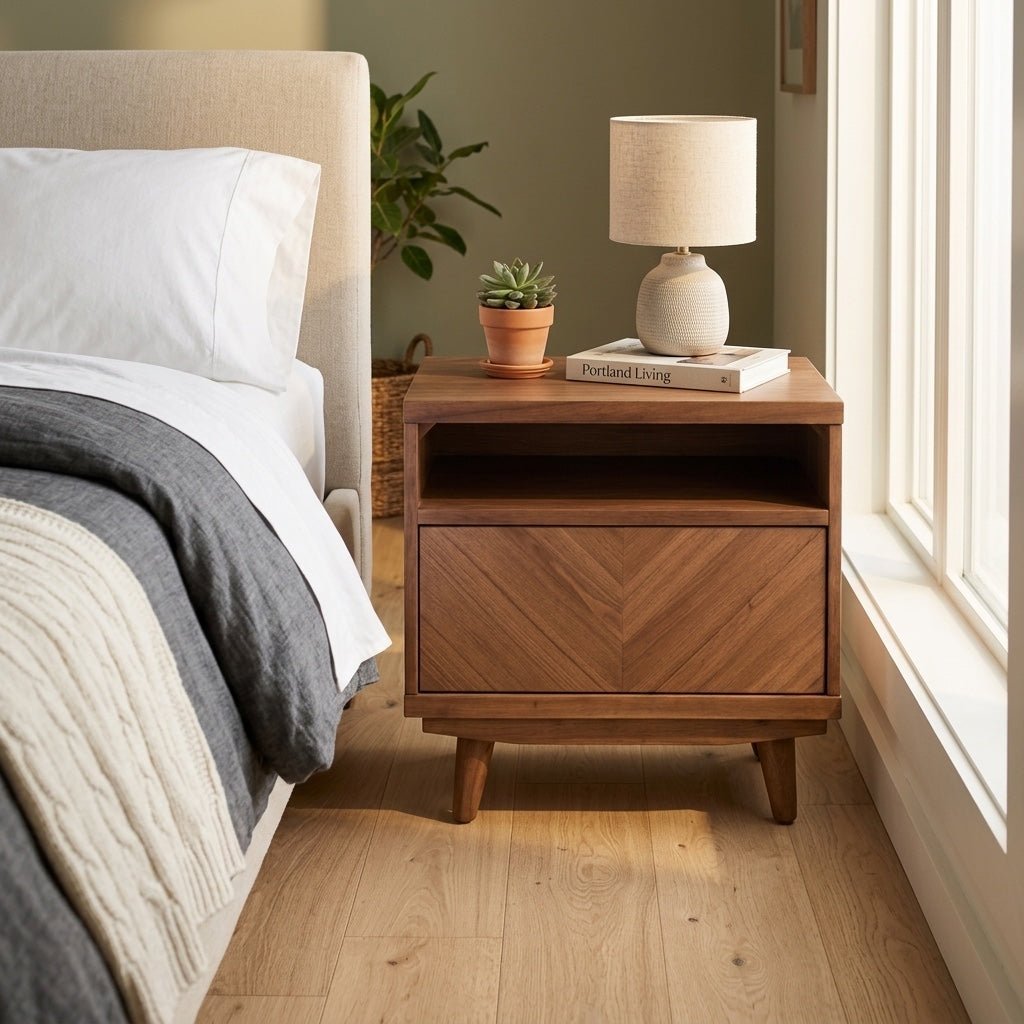 Piero KD Chevron Nightstand/Side Table styled in a bright Portland mid-century modern interior - Whats New Furniture