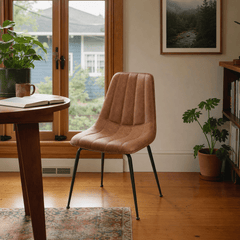 Robert KD Faux Leather Dining Side Chair in Umber Brown styled in Portland dining room - Whats New Furniture