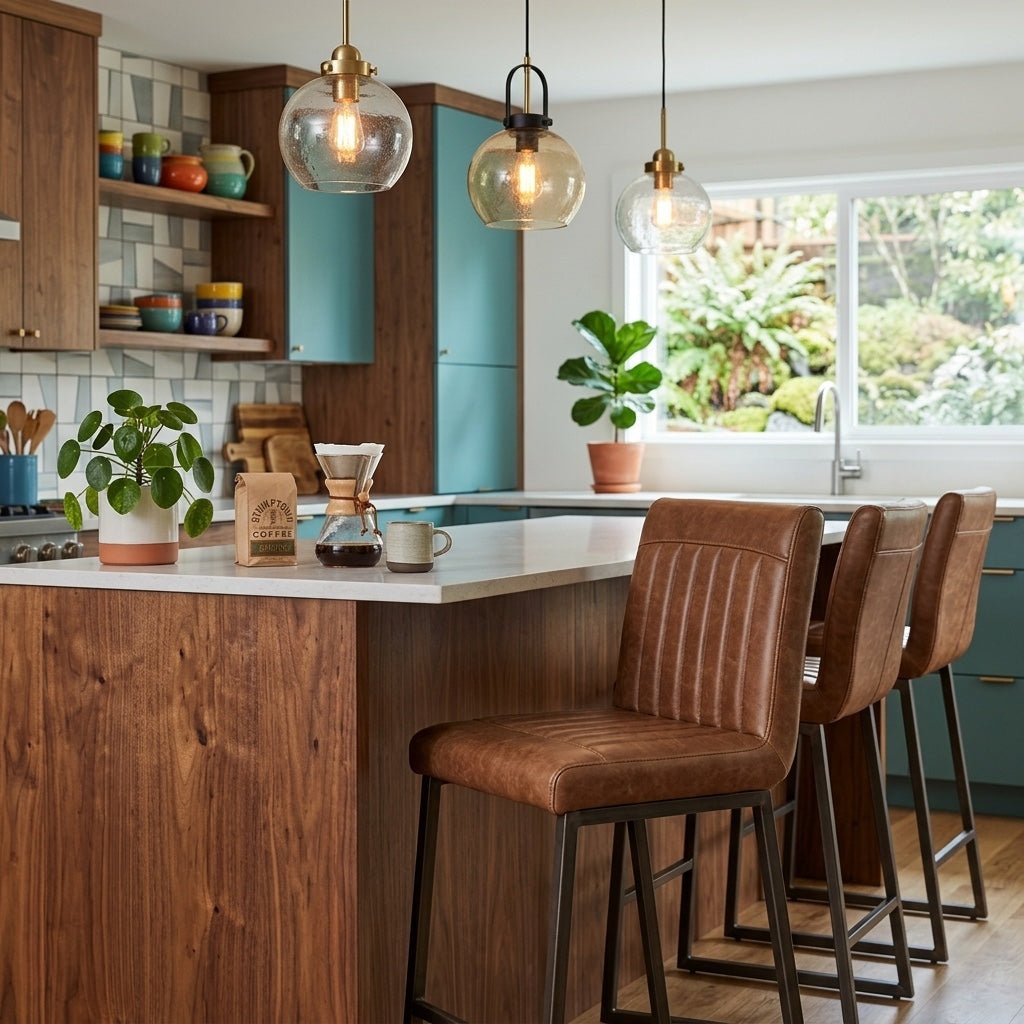 Ronan KD Faux Leather Bar Stool styled in a bright Portland mid-century modern interior - Whats New Furniture