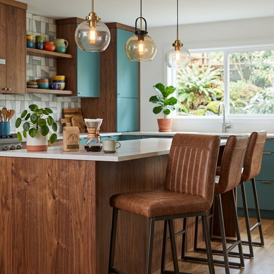 Ronan KD Faux Leather Bar Stool styled in a bright Portland mid-century modern interior - Whats New Furniture