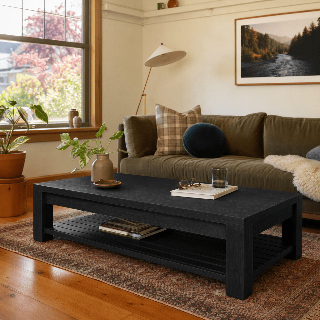 Tiburon KD Coffee Table in Alto Black solid acacia in a bright Portland living room - What&