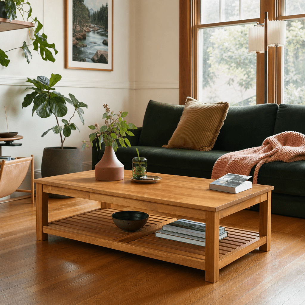 Tiburon KD Coffee Table in warm Amber acacia in a bright Portland living room - What&