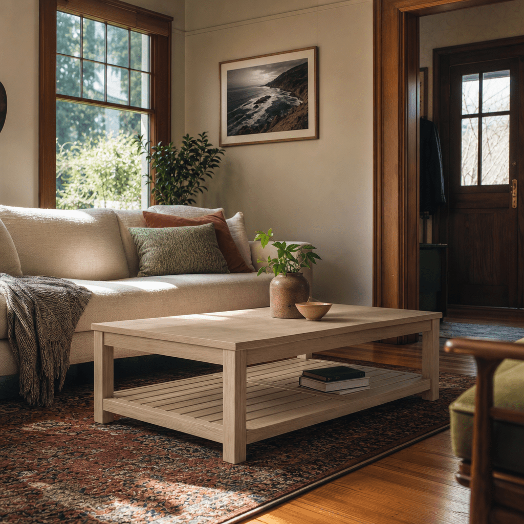 Tiburon KD Coffee Table in Drifted Sand pale acacia in a bright Portland living room - What&
