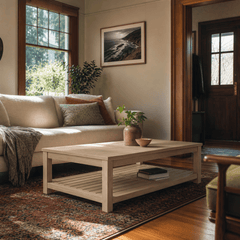 Tiburon KD Coffee Table in Drifted Sand pale acacia in a bright Portland living room - What&