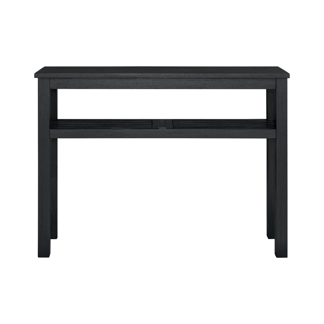 Tiburon Console Table Black angled view showing slatted lower shelf - Whats New Furniture Portland OR