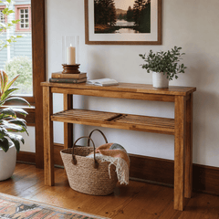Tiburon KD Console Table in warm Amber acacia in a bright Portland Craftsman entryway - What&