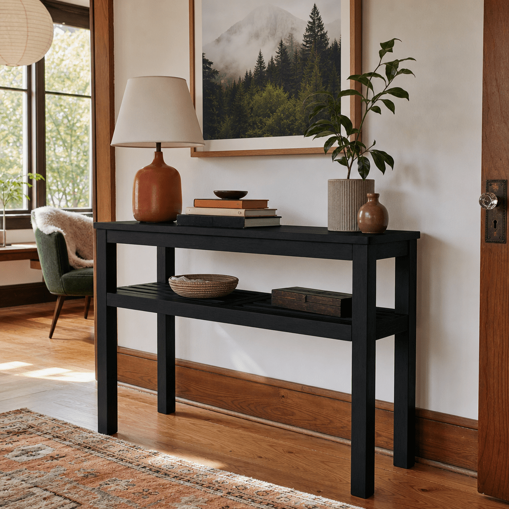 Tiburon KD Console Table in Alto Black solid acacia in a bright Portland Craftsman entryway - What&