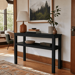Tiburon KD Console Table in Alto Black solid acacia in a bright Portland Craftsman entryway - What&