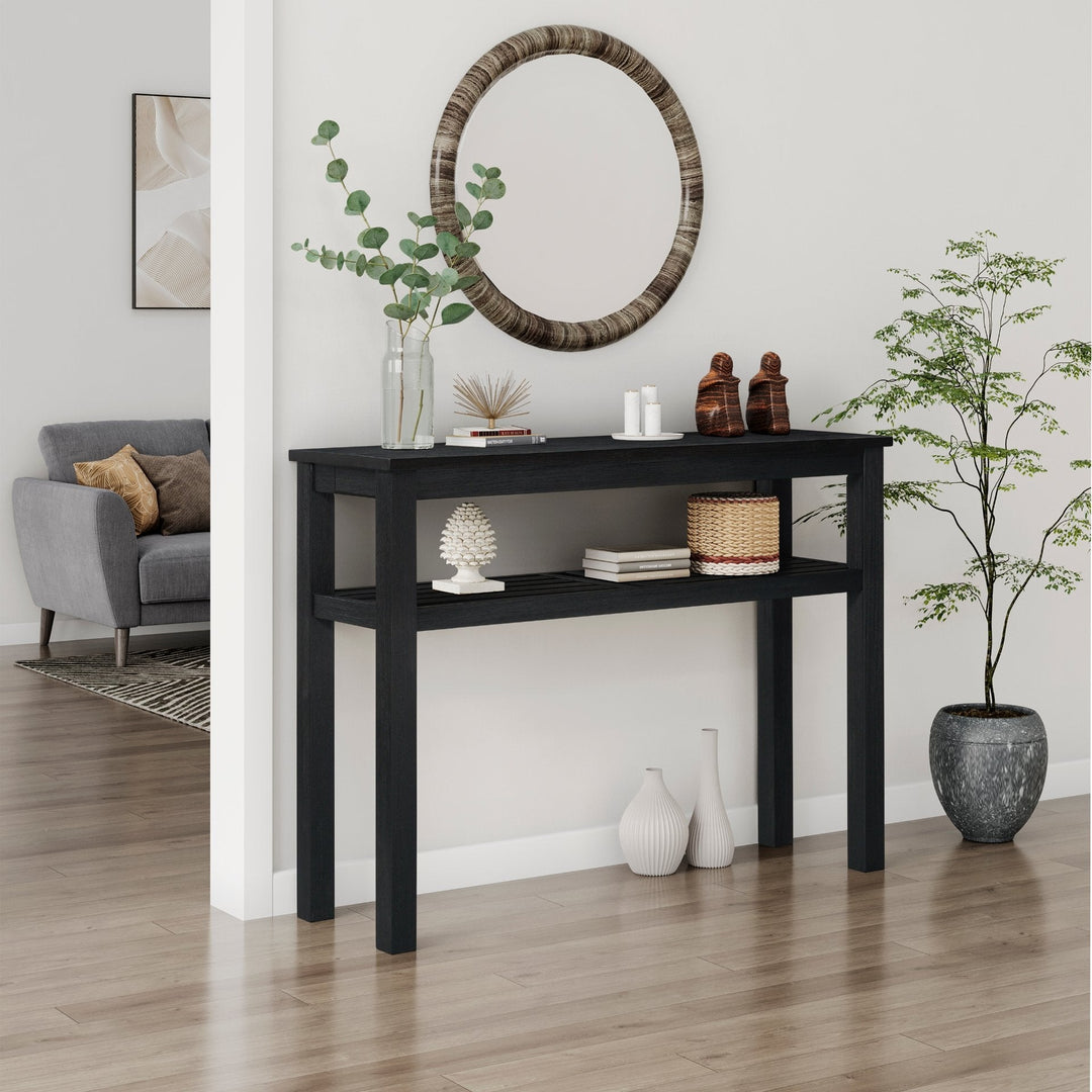 Tiburon Console Table Black styled in modern living room - Whats New Furniture Portland OR