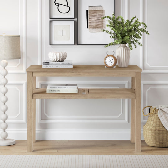 Tiburon Console Table Drifted Sand styled in modern entryway with decor - Whats New Furniture Portland OR