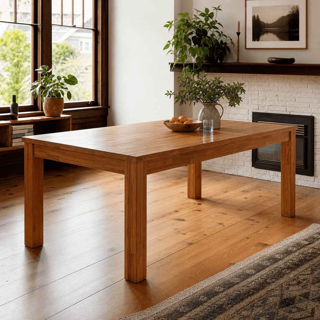 Tiburon Dining Table in warm Amber acacia in a bright Portland Craftsman dining room - What&