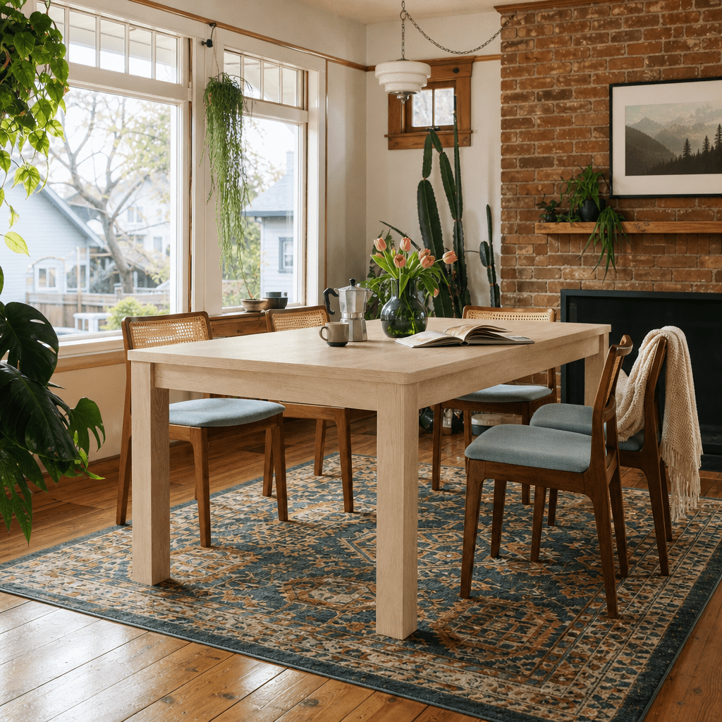 Tiburon Dining Table in Drifted Sand pale acacia in a bright Portland dining room - What&