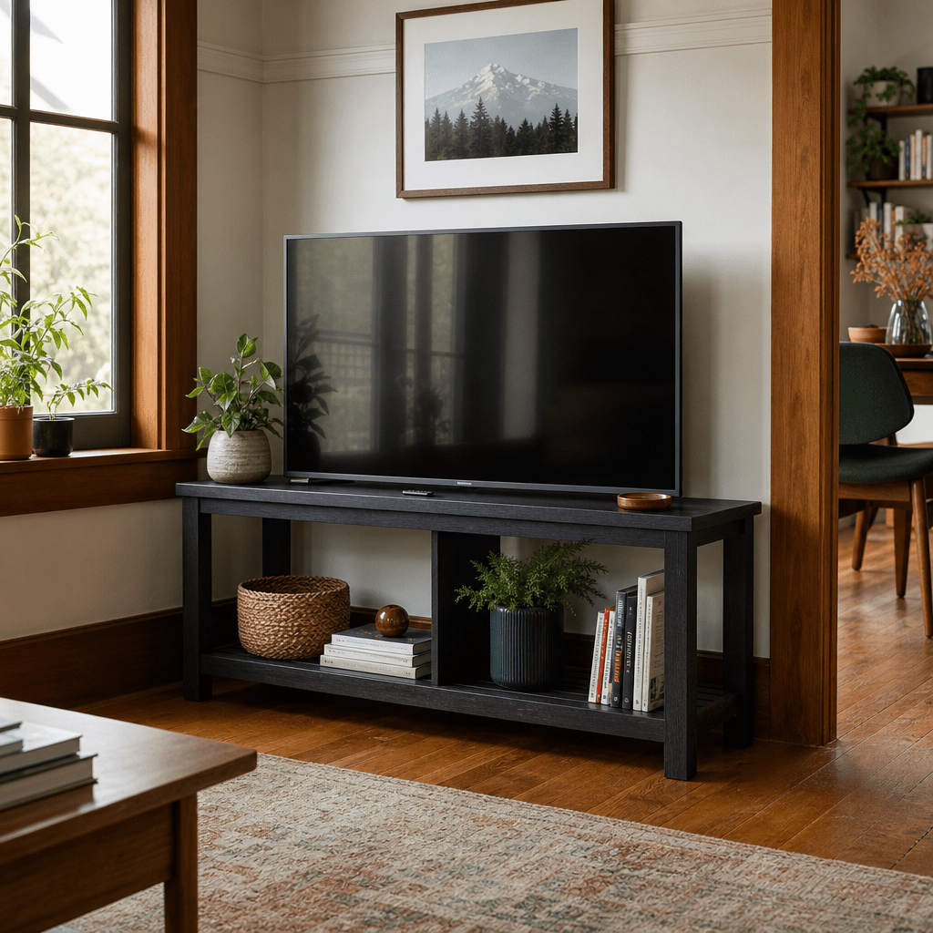Tiburon KD TV Bench in Alto Black solid acacia in a bright Portland media room - What&