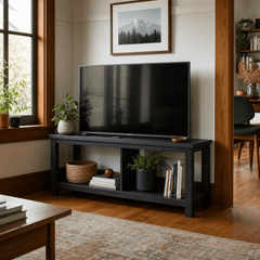 Tiburon KD TV Bench in Alto Black solid acacia in a bright Portland media room - What&