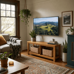 Tiburon KD TV Bench in warm Amber acacia in a bright Portland media room - What&
