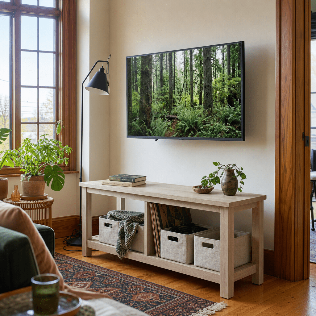 Tiburon KD TV Bench in Drifted Sand pale acacia in a bright Portland media room - What&