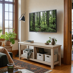 Tiburon KD TV Bench in Drifted Sand pale acacia in a bright Portland media room - What&
