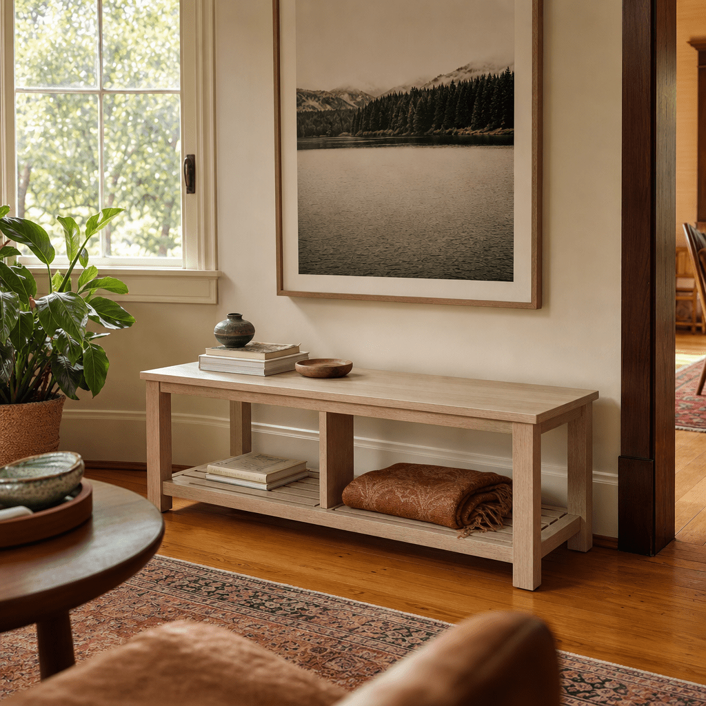 Tiburon TV Bench in Drifted Sand pale washed acacia in a bright Portland home - What&
