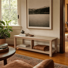 Tiburon TV Bench in Drifted Sand pale washed acacia in a bright Portland home - What&