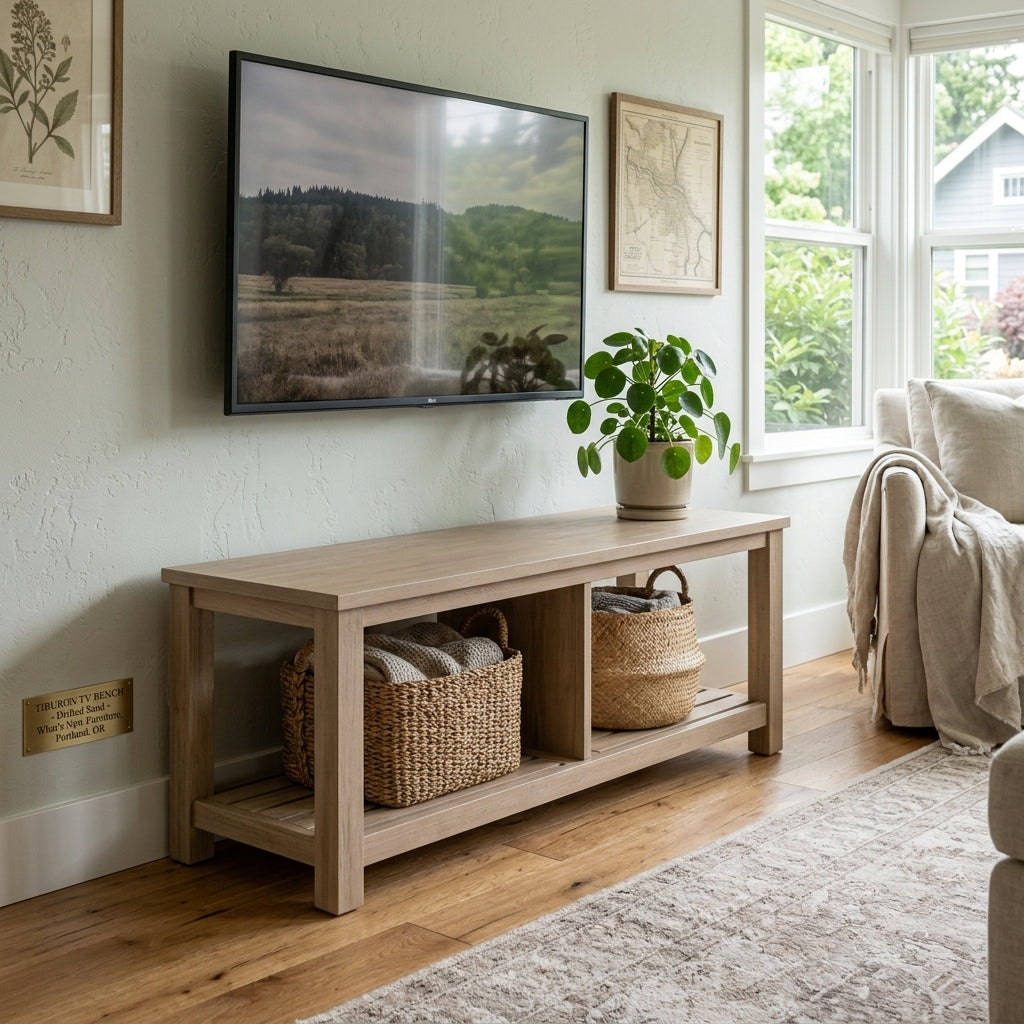 Tiburon TV Bench in Drifted Sand styled in Portland living room - Whats New Furniture