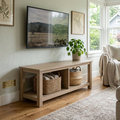 Tiburon TV Bench in Drifted Sand styled in Portland living room - Whats New Furniture