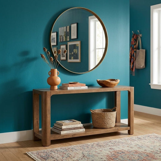 Trevin KD Console styled in a bright Portland mid-century modern entryway - Whats New Furniture