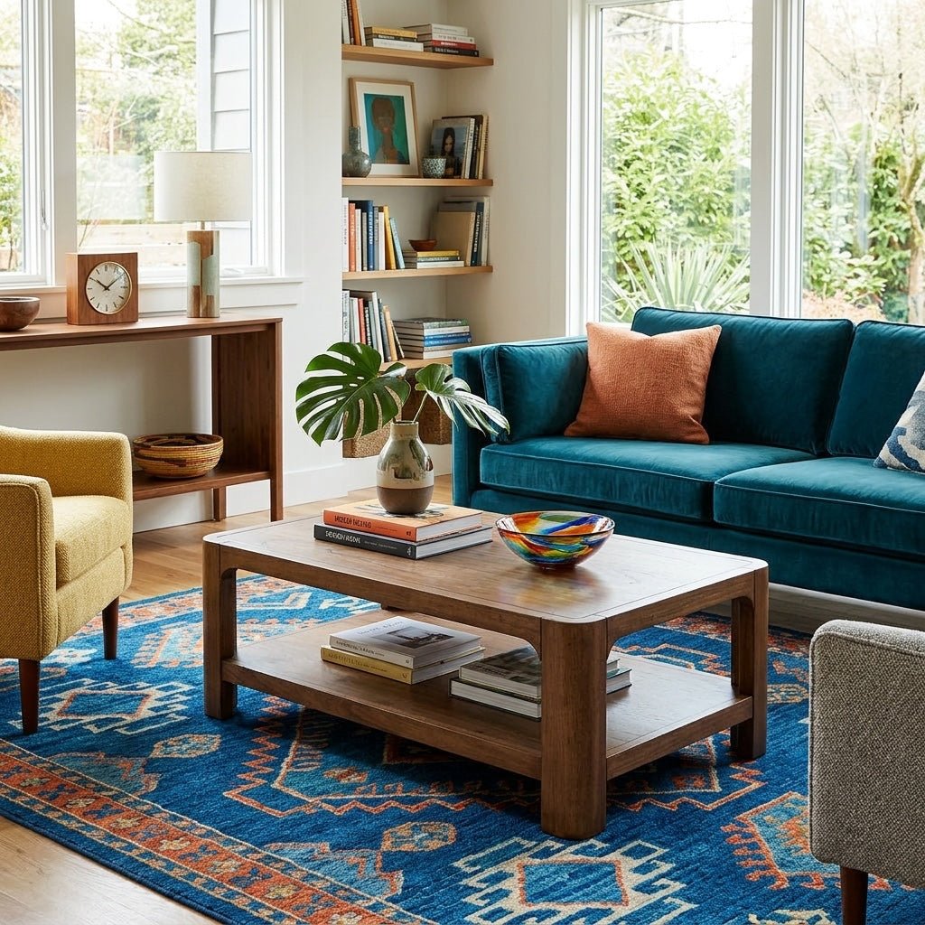 Trevin KD Rectangular Coffee Table styled in a bright Portland mid-century modern living room - Whats New Furniture
