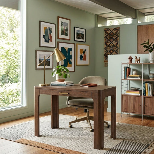 Trevin KD Small 1 Drawer Desk styled in a bright Portland mid-century modern home office - Whats New Furniture