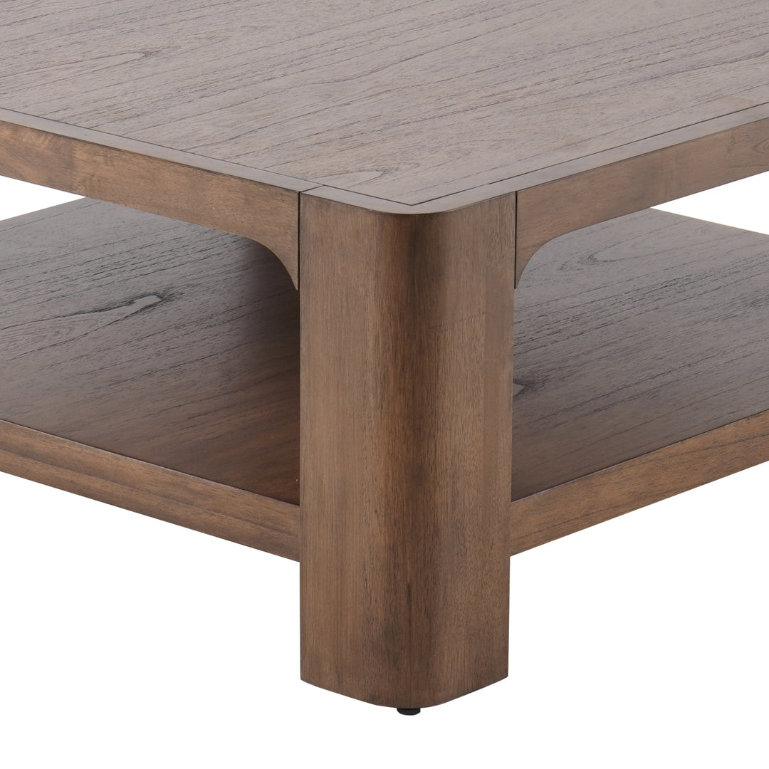 Trevin KD Square Coffee Table in Walnut, corner and lower shelf detail - Whats New Furniture