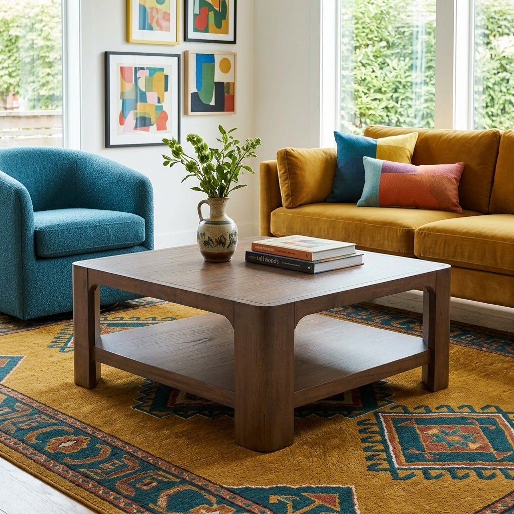 Trevin KD Square Coffee Table in Walnut with a blue armchair and mustard sofa in a living room - Whats New Furniture