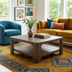 Trevin KD Square Coffee Table in Walnut with a blue armchair and mustard sofa in a living room - Whats New Furniture