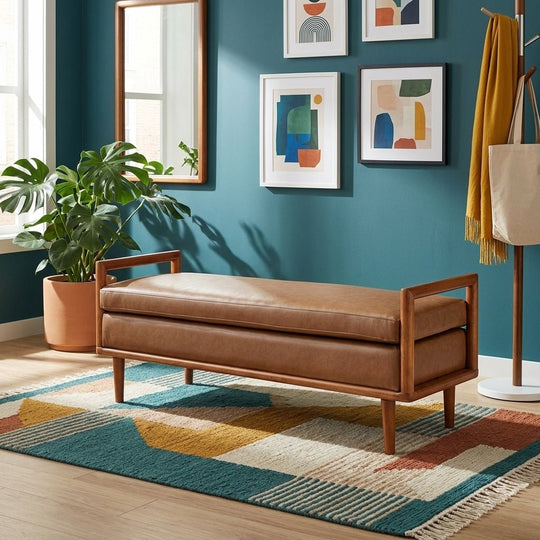 William KD Faux Leather Bench styled in a bright Portland mid-century modern entryway - Whats New Furniture