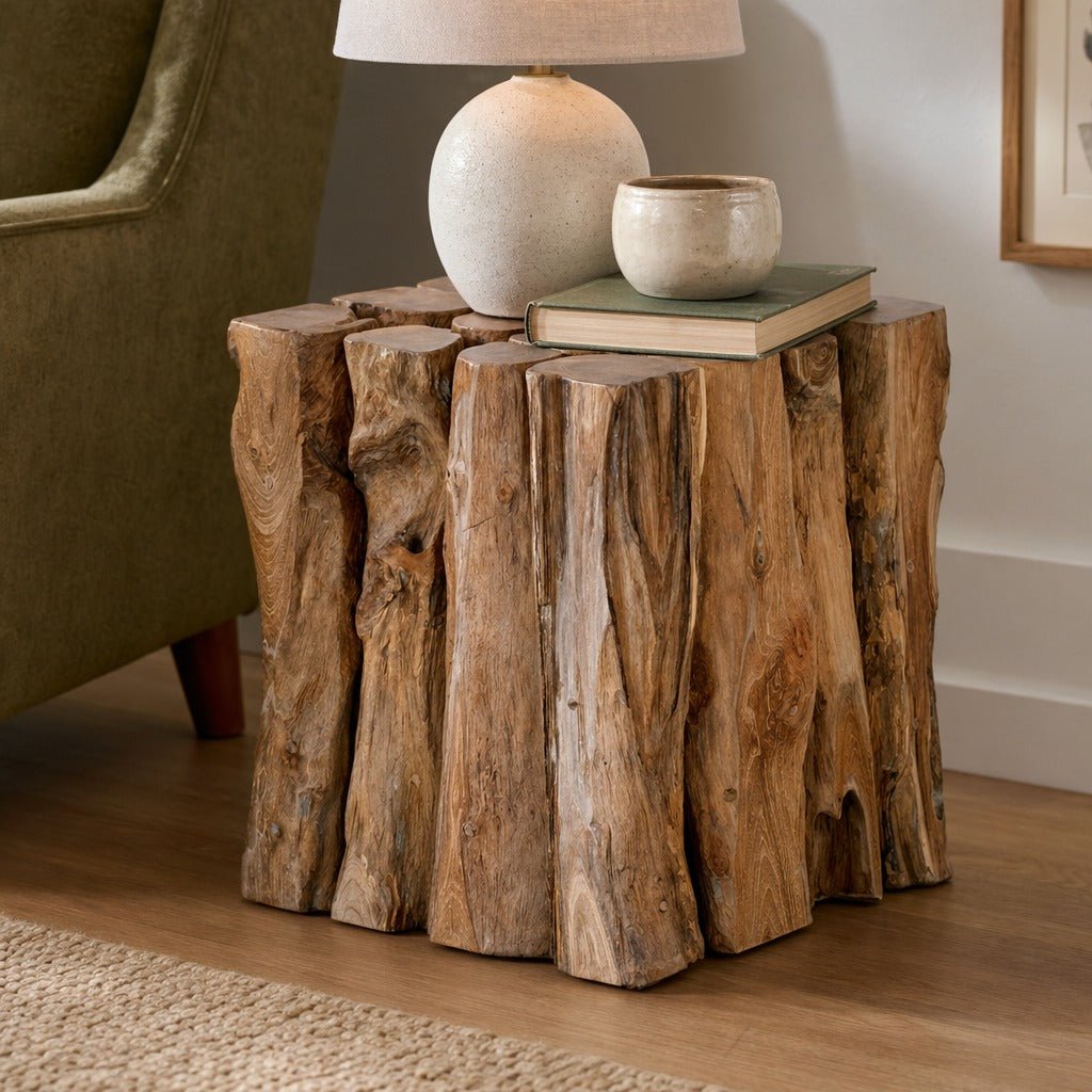 Woody Branches Side/ End Table styled in a bright mid-century modern Portland living room - Whats New Furniture