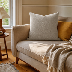 Nubby Sandstone Textured Throw Pillow styled in a Portland Hawthorne bungalow living room lifestyle - Whats New Furniture
