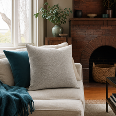 Nubby Sandstone Textured Throw Pillow styled in a Portland Alberta Arts sitting room lifestyle - Whats New Furniture