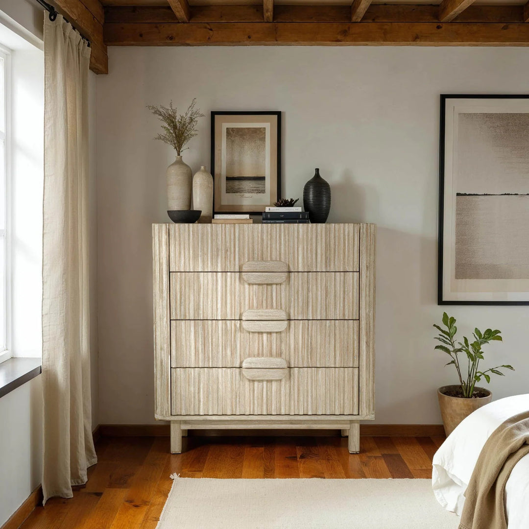 Oasis 4 Drawer Chest in Natural White Washed styled room setting - four drawer chest by LH Imports - Whats New Furniture Portland OR