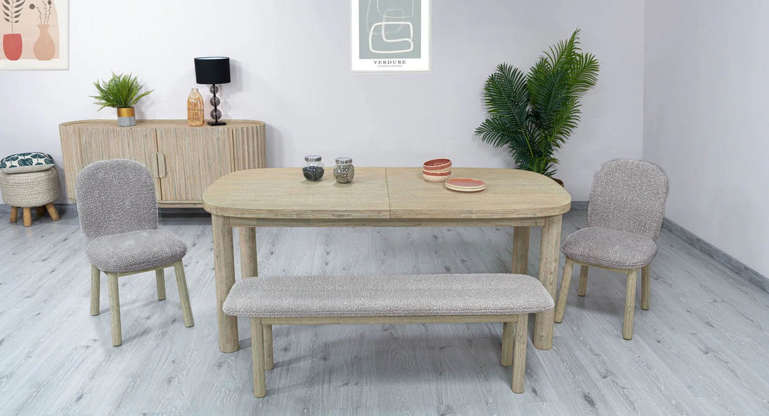 Oasis Bench in Oatmeal Natural White Washed fabric detail - upholstered acacia bench by LH Imports - Whats New Furniture Portland OR