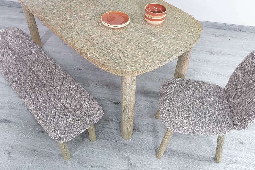 Oasis Bench in Oatmeal Natural White Washed lifestyle setting - upholstered acacia bench by LH Imports - Whats New Furniture Portland OR