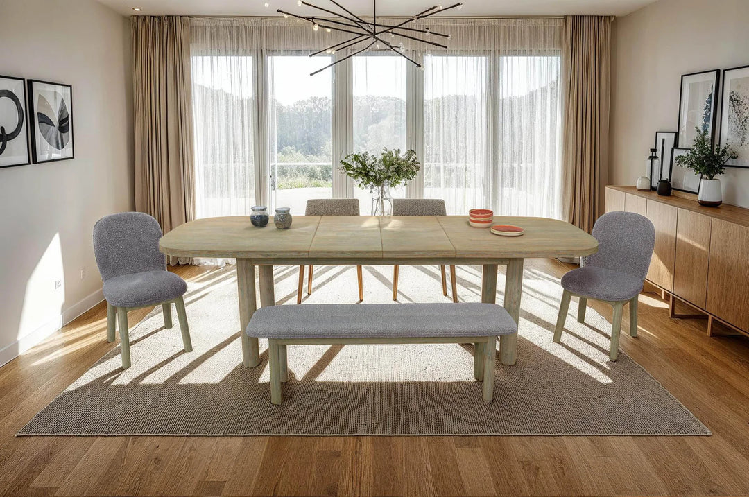 Oasis Bench in Oatmeal Natural White Washed styled room setting - upholstered acacia bench by LH Imports - Whats New Furniture Portland OR