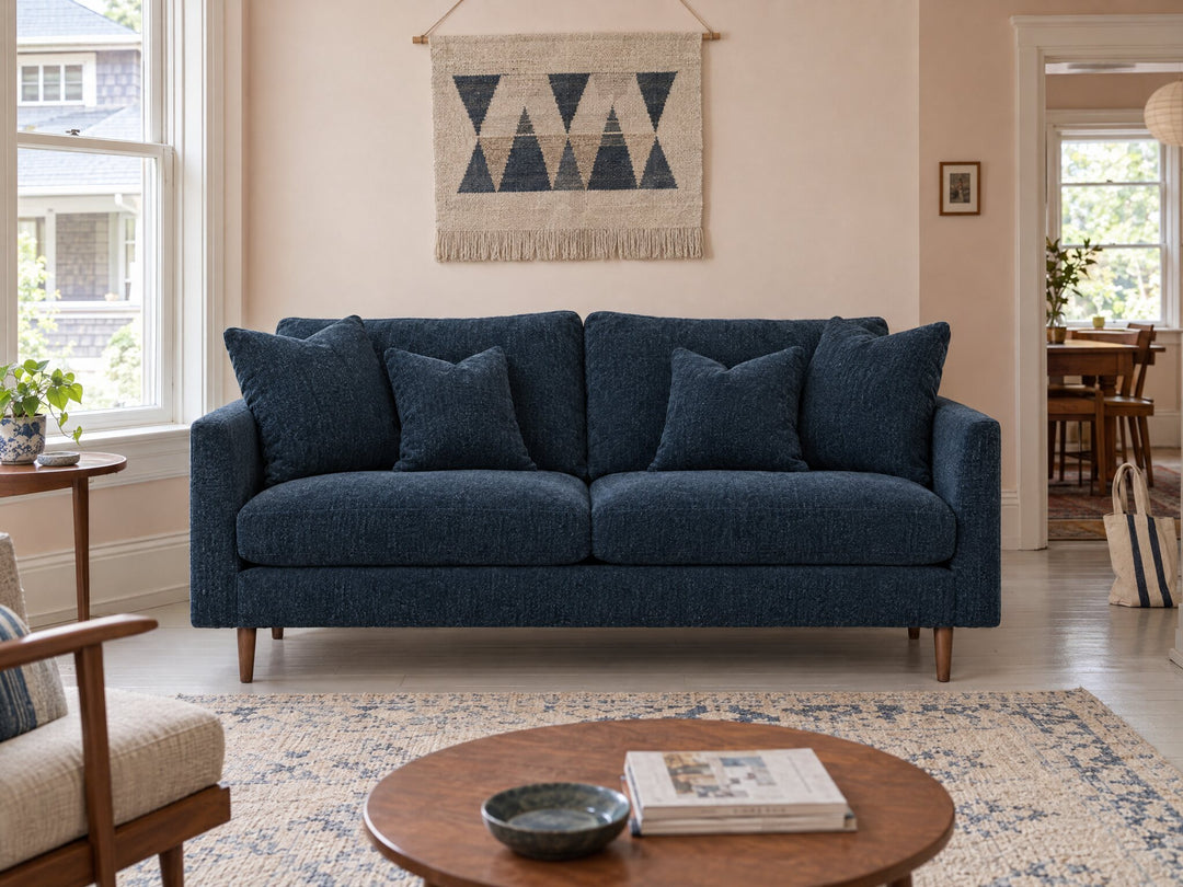 Oasis Loft Sofa in Lush Marine styled in an Alphabet District apartment - Whats New Furniture Portland OR