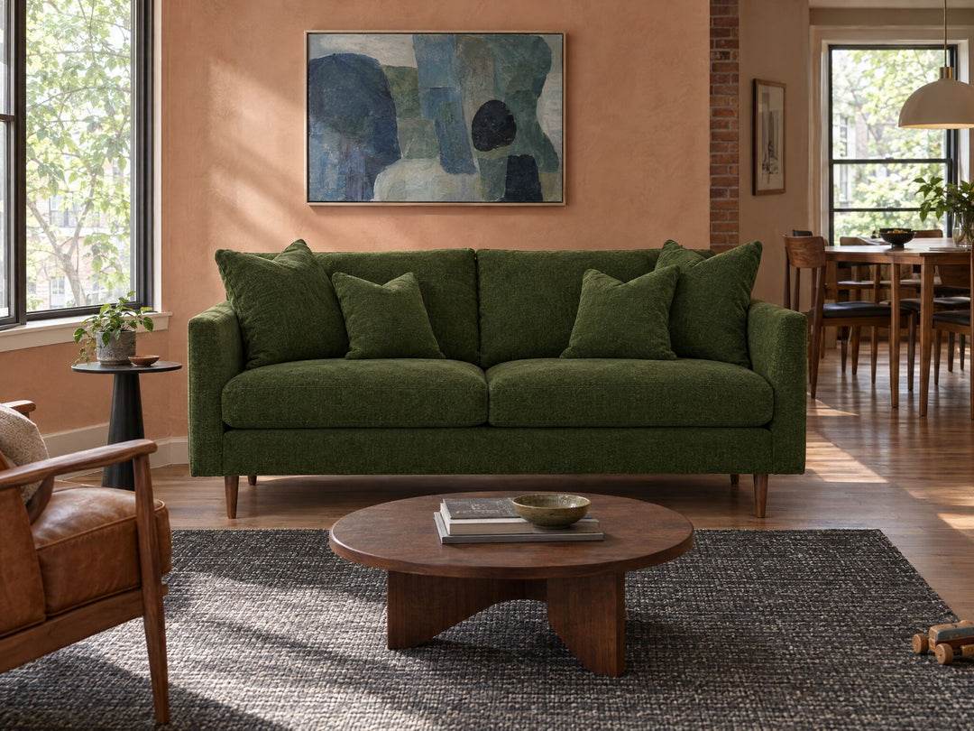 Oasis Loft Sofa in Lush Spinach styled in a Kerns townhouse living room - Whats New Furniture Portland OR