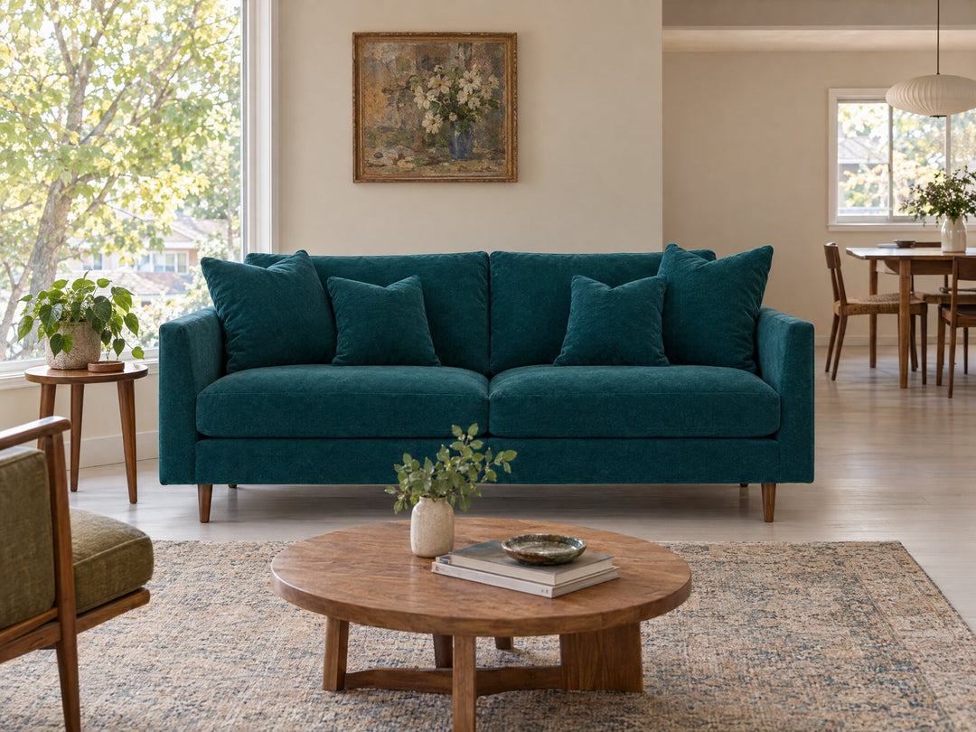 Oasis Loft Sofa in Sensation Turquoise styled in a Beaverton split-level living room - Whats New Furniture Portland OR