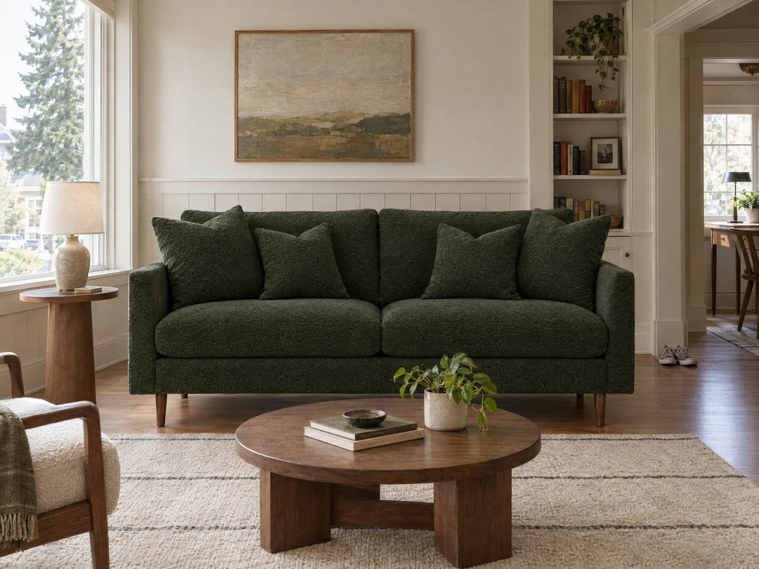 Oasis Loft Sofa in Shep Kale styled in a St. Johns bungalow living room - Whats New Furniture Portland OR